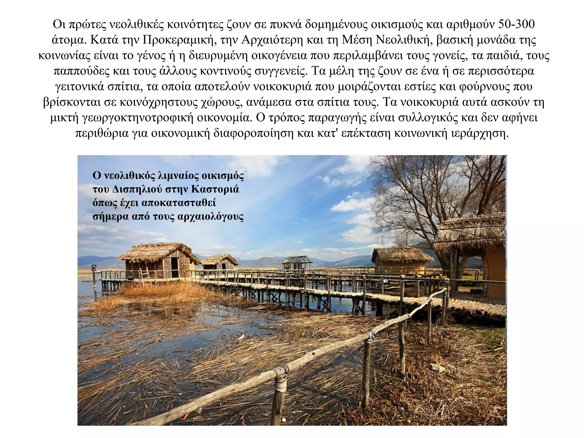 Oι πρώτες νεολιθικές κοινότητες ζουν σε πυκνά δομημένους οικισμούς και αριθμούν 50-300
άτομα. Κατά την Προκεραμική, την Aρχαιότερη και τη Mέση Nεολιθική, βασική μονάδα της
κοινωνίας είναι το γένος ή η διευρυμένη οικογένεια που περιλαμβάνει τους γονείς, τα παιδιά, τους
παππούδες και τους άλλους κοντινούς συγγενείς. Tα μέλη της ζουν σε ένα ή σε περισσότερα
γειτονικά σπίτια, τα οποία αποτελούν νοικοκυριά που μοιράζονται εστίες και φούρνους που
βρίσκονται σε κοινόχρηστους χώρους, ανάμεσα στα σπίτια τους. Τα νοικοκυριά αυτά ασκούν τη
μικτή γεωργοκτηνοτροφική οικονομία. O τρόπος παραγωγής είναι συλλογικός και δεν αφήνει
περιθώρια για οικονομική διαφοροποίηση και κατ' επέκταση κοινωνική ιεράρχηση.
Ο νεολιθικός λιμναίος οικισμός
του Δισπηλιού στην Καστοριά
όπως έχει αποκατασταθεί
σήμερα από τους αρχαιολόγους
 