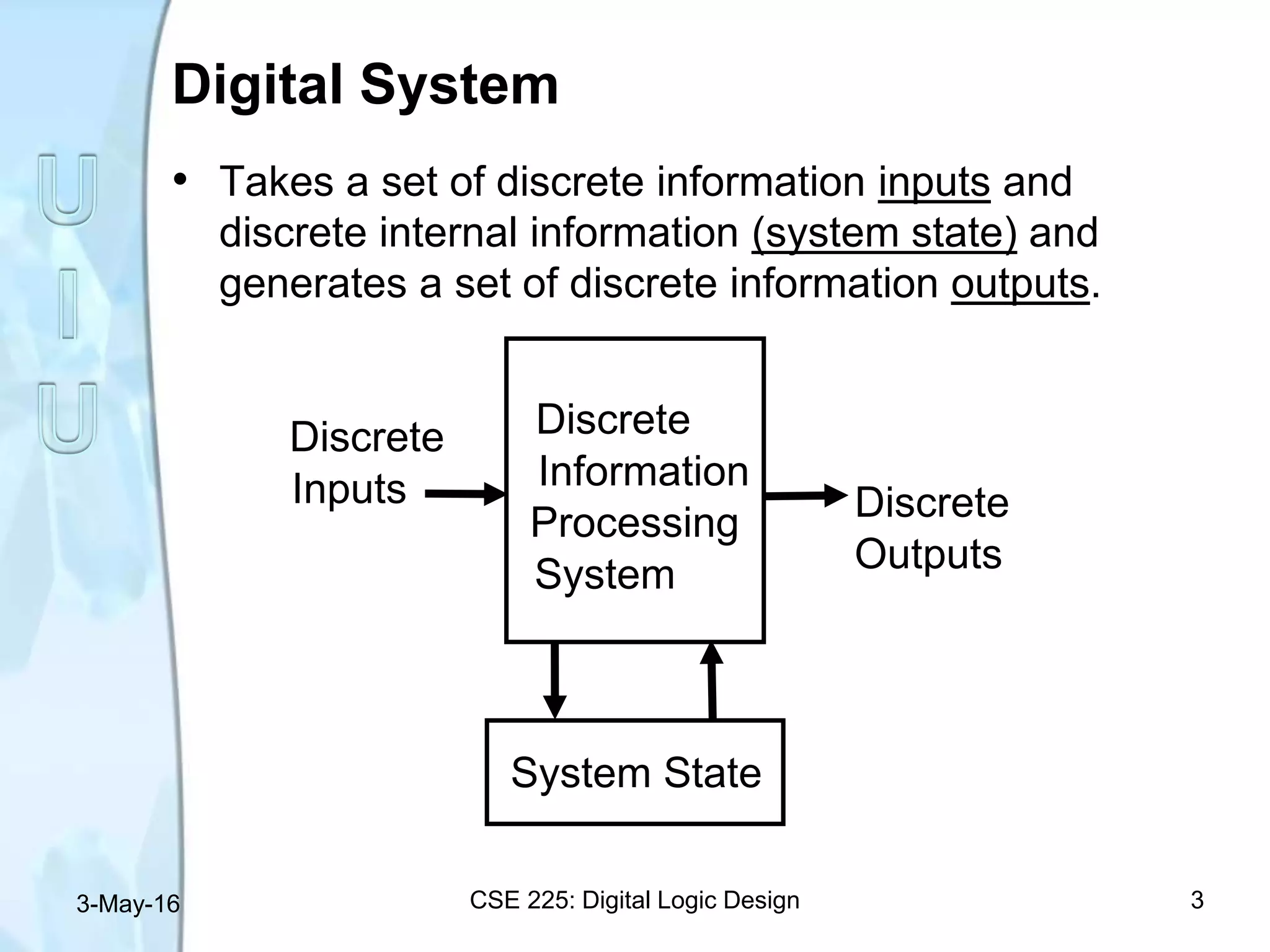 Digital System
• Takes a set of discrete information inputs and
discrete internal information (system state) and
generates a set of discrete information outputs.
System State
Discrete
Information
Processing
System
Discrete
Inputs Discrete
Outputs
3-May-16 CSE 225: Digital Logic Design 3
 
