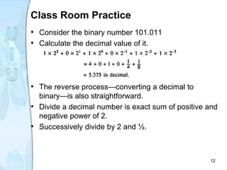 Class Room Practice
• Consider the binary number 101.011
• Calculate the decimal value of it.
• The reverse process—converting a decimal to
binary—is also straightforward.
• Divide a decimal number is exact sum of positive and
negative power of 2.
• Successively divide by 2 and ½.
12
 