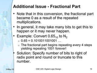 Additional Issue - Fractional Part
• Note that in this conversion, the fractional part
became 0 as a result of the repeated
multiplications.
• In general, it may take many bits to get this to
happen or it may never happen.
• Example: Convert 0.6510 to N2
o 0.65 = 0.1010011001001 …
o The fractional part begins repeating every 4 steps
yielding repeating 1001 forever!
• Solution: Specify number of bits to right of
radix point and round or truncate to this
number.
3-May-16 CSE 225: Digital Logic Design 19
 