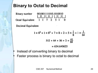 Binary to Octal to Decimal
• Instead of converting binary to decimal
• Faster process is binary to octal to decimal
CSE 257 Numerical Method 29
 