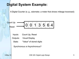 Digital System Example:
A Digital Counter (e. g., odometer, a meter that shows mileage traversed):
1 30 0 5 6 4
Count Up
Reset
Inputs: Count Up, Reset
Outputs: Visual Display
State: "Value" of stored digits
Synchronous or Asynchronous?
3-May-16 CSE 225: Digital Logic Design 5
 