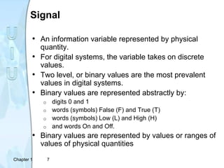 Chapter 1 7
Signal
• An information variable represented by physical
quantity.
• For digital systems, the variable takes on discrete
values.
• Two level, or binary values are the most prevalent
values in digital systems.
• Binary values are represented abstractly by:
o digits 0 and 1
o words (symbols) False (F) and True (T)
o words (symbols) Low (L) and High (H)
o and words On and Off.
• Binary values are represented by values or ranges of
values of physical quantities
 