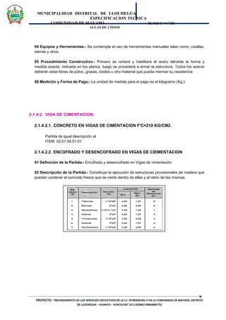 MUNICIPALIDAD DISTRITAL DE LLOCHEGUA
ESPECIFICACION TECNICA
COMUNIDAD DE MAYAPO BLOQUE “A” DE
AULAS DE 2 PISOS
04 Equipos y Herramientas.- Se contempla el uso de herramientas manuales tales como: cizallas,
sierras y otros.
05 Procedimiento Constructivo.- Primero se cortará y habilitará el acero dándole la forma y
medida exacta, indicada en los planos, luego se procederá a armar la estructura. Todos los aceros
deberán estar libres de polvo, grasas, óxidos u otro material que pueda mermar su resistencia
06 Medición y Forma de Pago.- La unidad de medida para el pago es el kilogramo (Kg.).
2.1.4.2. VIGA DE CIMENTACION.
2.1.4.2.1. CONCRETO EN VIGAS DE CIMENTACION F'C=210 KG/CM2.
Partida de igual descripción al
ITEM. 02.01.04.01.01
2.1.4.2.2. ENCOFRADO Y DESENCOFRADO EN VIGAS DE CIEMENTACION
01 Definición de la Partida.- Encofrado y desencofrado en Vigas de cimentación
02 Descripción de la Partida.- Constituye la ejecución de estructuras provisionales de madera que
puedan contener el concreto fresco que se vierte dentro de ellas y el retiro de las mismas.
PROYECTO: “MEJORAMIENTO DE LOS SERVICIOS EDUCATIVOS DE LA I.E. Nº38309/Mx-P EN LA COMUNIDAD DE MAYAPO, DISTRITO
DE LLOCHEGUA – HUANTA – AYACUCHO”.(P.S.GOMEZ #966908775)
 