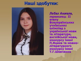 Наші здобутки:
Лєбах Анжела,
переможець ІІ
етапу
Всеукраїнських
учнівських
олімпіад з
української мови
та літератури,
англійської мови,
конкурсу імені
П.Яцика та мовно-
літературного
конкурсу імені
Т.Г.Шевченка
 