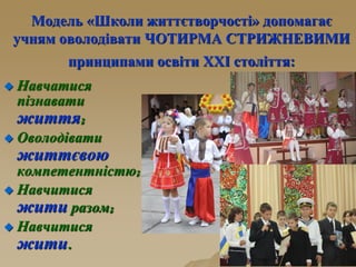 Модель «Школи життєтворчості» допомагає
учням оволодівати ЧОТИРМА СТРИЖНЕВИМИ
принципами освіти XXI століття:
 Навчатися
пізнавати
життя;
 Оволодівати
життєвою
компетентністю;
 Навчитися
жити разом;
 Навчитися
жити.
 