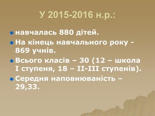 У 2015-2016 н.р.:
 навчалась 880 дітей.
 На кінець навчального року -
869 учнів.
 Всього класів – 30 (12 – школа
І ступеня, 18 – ІІ-ІІІ ступенів).
 Середня наповнюваність –
29,33.
 