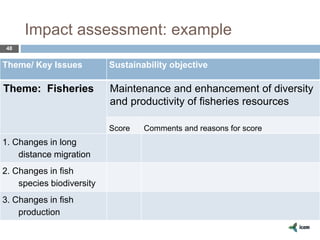 Impact assessment: example
48
Theme/ Key Issues Sustainability objective
Theme: Fisheries Maintenance and enhancement of diversity
and productivity of fisheries resources
Score Comments and reasons for score
1. Changes in long
distance migration
2. Changes in fish
species biodiversity
3. Changes in fish
production
 
