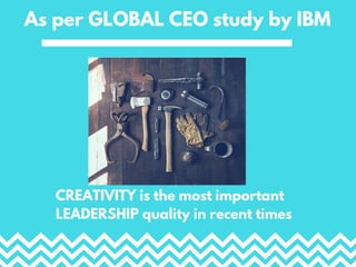 As per GLOBAL CEO study by IBM
CREATIVITY is the most important
LEADERSHIP quality in recent times
 