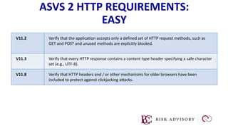 ASVS 2 HTTP REQUIREMENTS:
EASY
V11.2 Verify that the application accepts only a defined set of HTTP request methods, such as
GET and POST and unused methods are explicitly blocked.
V11.3 Verify that every HTTP response contains a content type header specifying a safe character
set (e.g., UTF-8).
V11.8 Verify that HTTP headers and / or other mechanisms for older browsers have been
included to protect against clickjacking attacks.
 