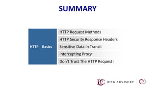 HTTP Basics
HTTP Request Methods
HTTP Security Response Headers
Sensitive Data In Transit
Intercepting Proxy
Don’t Trust The HTTP Request!
SUMMARY
 