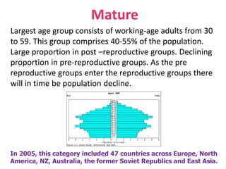 Mature
Largest age group consists of working-age adults from 30
to 59. This group comprises 40-55% of the population.
Large proportion in post –reproductive groups. Declining
proportion in pre-reproductive groups. As the pre
reproductive groups enter the reproductive groups there
will in time be population decline.
33
In 2005, this category included 47 countries across Europe, North
America, NZ, Australia, the former Soviet Republics and East Asia.
 