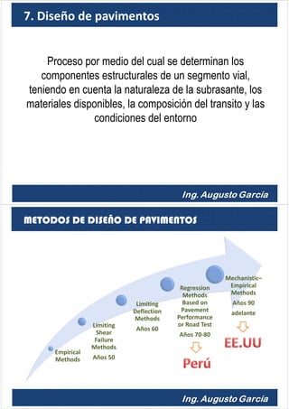 7. Diseño de pavimentos
Proceso por medio del cual se determinan los
componentes estructurales de un segmento vial,
teniendo en cuenta la naturaleza de la subrasante, los
materiales disponibles, la composición del transito y las
condiciones del entorno
Empirical
Methods
Limiting
Shear
Failure
Methods
Años 50
Limiting
Deflection
Methods
Años 60
Regression
Methods
Based on
Pavement
Performance
or Road Test
Años 70-80
Mechanistic–
Empirical
Methods
Años 90
adelante
METODOS DE DISEÑO DE PAVIMENTOS
 