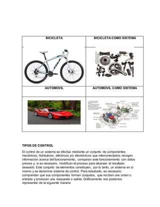 BICICLETA BICICLETA COMO SISTEMA
AUTOMOVIL AUTOMOVIL COMO SISTEMA
TIPOS DE CONTROL
El control de un sistema se efectúa mediante un conjunto de componentes
mecánicos, hidráulicos, eléctricos y/o electrónicos que interconectados recogen
información acerca del funcionamiento, comparan este funcionamiento con datos
previos y, si es necesario, modifican el proceso para alcanzar el resultado
deseado. Este conjunto de elementos constituyen, por lo tanto, un sistema en sí
mismo y se denomina sistema de control. Para estudiarlo, es necesario
comprender que sus componentes forman conjuntos, que reciben una orden o
entrada y producen una respuesta o salida. Gráficamente nos podemos
representar de la siguiente manera
 