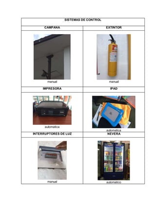 SISTEMAS DE CONTROL
CAMPANA EXTINTOR
manual manual
IMPRESORA IPAD
automatica
automatica
INTERRUPTORES DE LUZ NEVERA
manual automatico
 