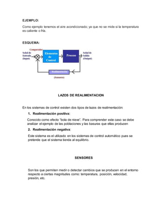 EJEMPLO:
Como ejemplo tenemos el aire acondicionado; ya que no se mide si la temperatura
es caliente o fría.
ESQUEMA:
LAZOS DE REALIMENTACION
En los sistemas de control existen dos tipos de lazos de realimentación:
1. Realimentación positiva:
Conocido como efecto “bola de nieve”. Para comprender este caso se debe
analizar el ejemplo de las poblaciones y las basuras que ellas producen
2. Realimentación negativa:
Este sistema es el utilizado en los sistemas de control automático pues se
pretende que el sistema tienda al equilibrio.
SENSORES
Son los que permiten medir o detectar cambios que se producen en el entorno
respecto a ciertas magnitudes como: temperatura, posición, velocidad,
presión, etc.
 