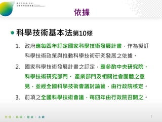 2
依據
科學技術基本法第10條
1. 政府應每四年訂定國家科學技術發展計畫，作為擬訂
科學技術政策與推動科學技術研究發展之依據。
2. 國家科學技術發展計畫之訂定，應參酌中央研究院、
科學技術研究部門、 產業部門及相關社會團體之意
見，並經全...