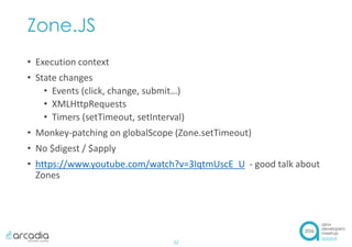 Zone.JS
• Execution context
• State changes
• Events (click, change, submit…)
• XMLHttpRequests
• Timers (setTimeout, setInterval)
• Monkey-patching on globalScope (Zone.setTimeout)
• No $digest / $apply
• https://www.youtube.com/watch?v=3IqtmUscE_U - good talk about
Zones
22
 