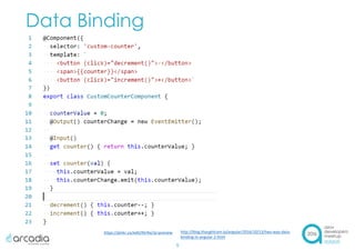 Data Binding
9
https://plnkr.co/edit/RtrRej?p=preview http://blog.thoughtram.io/angular/2016/10/13/two-way-data-
binding-in-angular-2.html
 