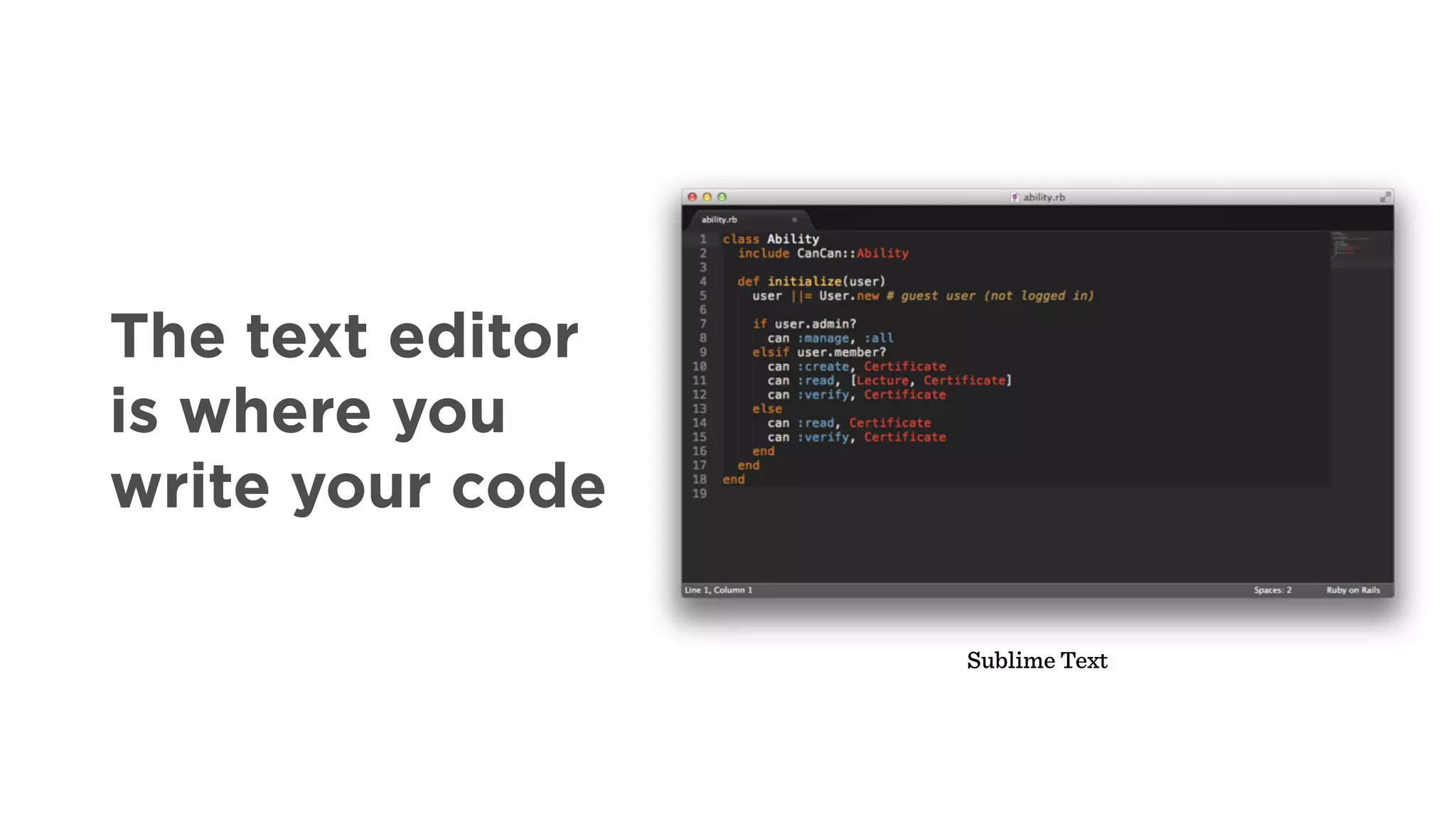 The text editor
is where you
write your code
Sublime Text
 