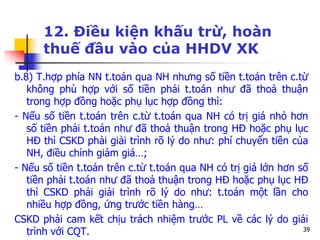 39
12. Điều kiện khấu trừ, hoàn
thuế đầu vào của HHDV XK
b.8) T.hợp phía NN t.toán qua NH nhưng số tiền t.toán trên c.từ
không phù hợp với số tiền phải t.toán như đã thoả thuận
trong hợp đồng hoặc phụ lục hợp đồng thì:
- Nếu số tiền t.toán trên c.từ t.toán qua NH có trị giá nhỏ hơn
số tiền phải t.toán như đã thoả thuận trong HĐ hoặc phụ lục
HĐ thì CSKD phải giải trình rõ lý do như: phí chuyển tiền của
NH, điều chỉnh giảm giá…;
- Nếu số tiền t.toán trên c.từ t.toán qua NH có trị giá lớn hơn số
tiền phải t.toán như đã thoả thuận trong HĐ hoặc phụ lục HĐ
thì CSKD phải giải trình rõ lý do như: t.toán một lần cho
nhiều hợp đồng, ứng trước tiền hàng…
CSKD phải cam kết chịu trách nhiệm trước PL về các lý do giải
trình với CQT.
 