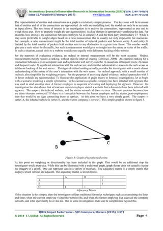 International Journal of Innovative Research in Information Security (IJIRIS) ISSN: 2349-7009(P)
Issue 02, Volume 04 (February 2017) www.ijiris.com ISSN: 2349-7017(O)
_________________________________________________________________________________________________
IJIRIS: Impact Factor Value – SJIF: Innospace, Morocco (2015): 3.391
© 2014- 17, IJIRAE- All Rights Reserved Page -4
The representation of entities and connections as a graph is a relatively simple process. The key issue will be to ensure
that all entities and all of the connections are represented. As with any modelling tool, the model can only be as accurate
as input allows. The next issue of interest in an investigation is to analyse the connections, represented as arcs and to
weigh those arcs. How to properly weight the arcs (connections) is a key element in appropriately analysing the data. For
example, how strong is the connection between employee A2 in company A and the third-party intermediary C? While it
may seem preferable to weight edges based on a ratio measurement that is usually not only impossible but inaccurate.
For example, a ratio measurement might be the total number of network packets sent between entity A and entity B,
divided by the total number of packets both entities sent to any destination in a given time frame. This number would
give you a ratio value for the traffic, but such a measurement would give no insight into the nature or value of the traffic.
In such a situation, casual visits to a website would count equally with deliberate hacking of the website.
For the purposes of evaluating evidence, an ordinal or interval measurement will be the most accurate. Ordinal
measurements merely require a ranking, without specific interval spacing (Gibilisco, 2004). An example ranking for a
connection between a given computer user and a particular web server could be 1) casual and infrequent visits; 2) casual
and frequent visits; 3) significant interaction with the web server; and 4) either administrative access to the web server or
deliberate hacking of the web server. This type of ordinal ranking actually provides the investigator with a much clearer
understanding of the nature of the user’s interaction with the web server. An ordinal approach, with a small number of
ordinals, also simplifies the weighting process. For the purposes of analysing digital evidence, ordinal approaches with 5
or fewer ordinals are recommended. To illustrate the application of graph theory to forensic investigations, let us begin
with a scenario involving a simple cybercrime. In this scenario a specific company has been infected with spyware that
was used to steal sensitive data. A former employee is suspected of creating and deploying the spyware. However, the
investigation has also shown that at least one current employee visited a website that is known to have been infected with
spyware. The suspect, the infected website, and the victim network all form vertices. The next question becomes how
are these elements connected? If there is a connection between the former employee and the victim, post-employment,
then that would be an edge connecting those to vertices. At this point we have a very simple graph. The suspect is
vertex A, the infected website is vertex B, and the victim company is vertex C. This simple graph is shown in figure 3.
Figure 3: Graph of hypothetical crime
At this point no weighting or directionality has been included in the graph. That would be an additional step the
investigator would then take. While this can be illustrated with a traditional graph, graph theory does not actually require
the imagery of a graph. One can represent data in a variety of matrices. The adjacency matrix is a simply matrix that
displays which vertices are adjacent. The adjacency matrix is shown below.
A B C
A 1
B 1
C 1 1
Adjacency Matrix
If the situation is this simple, then the investigator utilizes traditional forensics techniques such as ascertaining the dates
and times when the current employee visited the website (B), and when the former employee (A) accessed the company
network, and what specifically he or she did. But in some investigations there can be complexities beyond this.
 