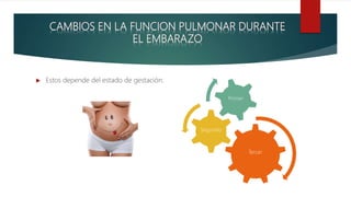 CAMBIOS EN LA FUNCION PULMONAR DURANTE
EL EMBARAZO
 Estos depende del estado de gestación:
Tercer
Segundo
Primer
 