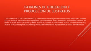 PATRONES DE UTILIZACION Y
PRODUCCION DE SUSTRATOS
2. SISTEMA GLUCOLITICO (ANAEROBICO): Este sistema utiliza la glucosa como sustrato básico para obtener
ATP, los hidratos de carbono son degradados parcialmente de forma anaeróbica produciendo residuos en
forma de acido láctico (musculo) y etanol (bacterias), cuando el acido láctico alcanza concentraciones muy
altas en el musculo se produce una fatiga muscular transitoria que impide continuar con la actividad física.
 