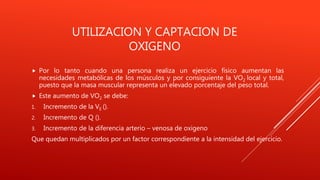 UTILIZACION Y CAPTACION DE
OXIGENO
 Por lo tanto cuando una persona realiza un ejercicio físico aumentan las
necesidades metabólicas de los músculos y por consiguiente la VO2 local y total,
puesto que la masa muscular representa un elevado porcentaje del peso total.
 Este aumento de VO2 se debe:
1. Incremento de la VE ().
2. Incremento de Q ().
3. Incremento de la diferencia arterio – venosa de oxigeno
Que quedan multiplicados por un factor correspondiente a la intensidad del ejercicio.
 
