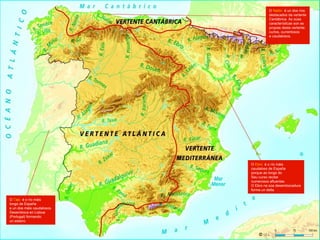 O Nalón é un dos ríos
destacados da vertente
Cantábrica. As súas
caracterísitcas son as
propias desta vertente:
curtos, currentosos
e caudalosos.
O Ebro é o río máis
caudaloso de España
porque ao longo do
Seu curso recibe
numerosos afluentes.
O Ebro na súa desembocadura
forma un delta
O Tajo é o río máis
longo de España
e un dos máis caudalosos.
Desemboca en Lisboa
(Portugal) formando
un esteiro.
 