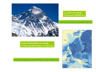 O cumio do mundo:
O Everest (8.842 m.)
As profundidades do mundo:
A fosa das Marianas (-11.022 m.)
http://gl.wikipedia.org/wiki/Everest
http://gl.wikipedia.org/wiki/Foxa_das_Marianas
 
