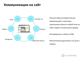 Полный набор инструментов для
коммуникаций с клиентами:
захватываем клиента в любой точке на
сайте, ведем по всему циклу продаж
Интегрировано c сайтом и CRM
Фантастическая доступность по цене и
сервису
Коммуникации на сайт
Обратный звонок
Email
Телефония
Формы
Онлайн-чат
Соцсети
 