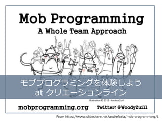 From https://www.slideshare.net/andrefaria/mob-programming/1
モブプログラミングを体験しよう
at クリエーションライン
 