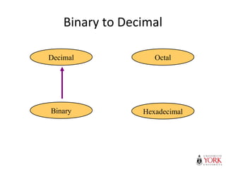 Binary to Decimal
Hexadecimal
Decimal Octal
Binary
 