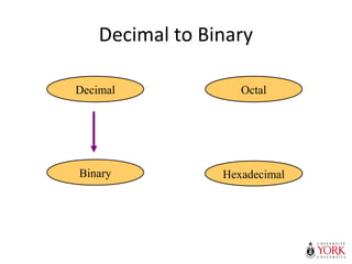 Decimal to Binary
Hexadecimal
Decimal Octal
Binary
 