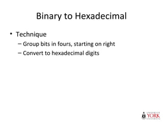 Binary to Hexadecimal
• Technique
– Group bits in fours, starting on right
– Convert to hexadecimal digits
 