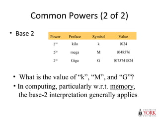 Common Powers (2 of 2)
• Base 2 Power Preface Symbol
210 kilo k
220
mega M
230
Giga G
Value
1024
1048576
1073741824
• What is the value of “k”, “M”, and “G”?
• In computing, particularly w.r.t. memory,
the base-2 interpretation generally applies
 