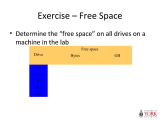 Exercise – Free Space
• Determine the “free space” on all drives on a
machine in the lab
Drive
Free space
Bytes GB
A:
C:
D:
E:
etc.
 