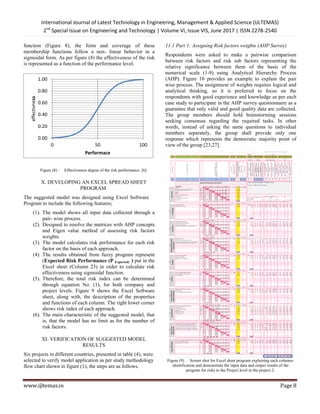 International Journal of Latest Technology in Engineering, Management & Applied Science (IJLTEMAS)
2nd
Special Issue on Engineering and Technology | Volume VI, Issue VIS, June 2017 | ISSN 2278-2540
www.ijltemas.in Page 8
function (Figure 8), the form and coverage of these
membership functions follow a non- linear behavior in a
sigmoidal form. As per figure (8) the effectiveness of the risk
is represented as a function of the performance level.
Figure (8) : Effectiveness degree of the risk performance. [6].
X. DEVELOPING AN EXCEL SPREAD SHEET
PROGRAM.
The suggested model was designed using Excel Software
Program to include the following features;
(1). The model shows all input data collected through a
pair- wise process.
(2). Designed to resolve the matrices with AHP concepts
and Eigen value method of assessing risk factors
weights.
(3). The model calculates risk performance for each risk
factor on the basis of each approach.
(4). The results obtained from fuzzy program represent
(Expected Risk Performance (P Expected) ) put in the
Excel sheet (Column 23) in order to calculate risk
effectiveness using sigmoidal function.
(5). Therefore, the total risk index can be determined
through equation No. (1), for both company and
project levels. Figure 9 shows the Excel Software
sheet, along with, the description of the properties
and functions of each column. The right lower corner
shows risk index of each approach.
(6). The main characteristic of the suggested model, that
is, that the model has no limit as for the number of
risk factors.
XI. VERIFICATION OF SUGGESTED MODEL
RESULTS
Six projects in different countries, presented in table (4), were
selected to verify model application as per study methodology
flow chart shown in figure (1), the steps are as follows.
11.1 Part 1: Assigning Risk factors weights (AHP Survey)
Respondents were asked to make a pairwise comparison
between risk factors and risk sub factors representing the
relative significance between them of the basis of the
numerical scale (1-9) using Analytical Hierarchy Process
(AHP). Figure 10 provides an example to explain the pair
wise process. The assignment of weights requires logical and
analytical thinking, so it is preferred to focus on the
respondents with good experience and knowledge as per each
case study to participate in the AHP survey questionnaire as a
guarantee that only valid and good quality data are collected.
The group members should hold brainstorming sessions
seeking consensus regarding the required tasks. In other
words, instead of asking the same questions to individual
members separately, the group shall provide only one
response which represents the democratic majority point of
view of the group [23,27].
Figure (9) : Screen shot for Excel sheet program explaining each columns
identification and demonstrate the input data and output results of the
program for risks in the Project level in the project 2.
0.00
0.20
0.40
0.60
0.80
1.00
0 50 100
effectivness
Performace
 