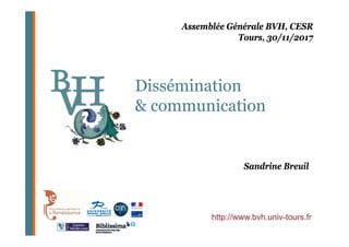 Dissémination
& communication
http://www.bvh.univ-tours.fr
Assemblée Générale BVH, CESR
Tours, 30/11/2017
Sandrine Breuil
 