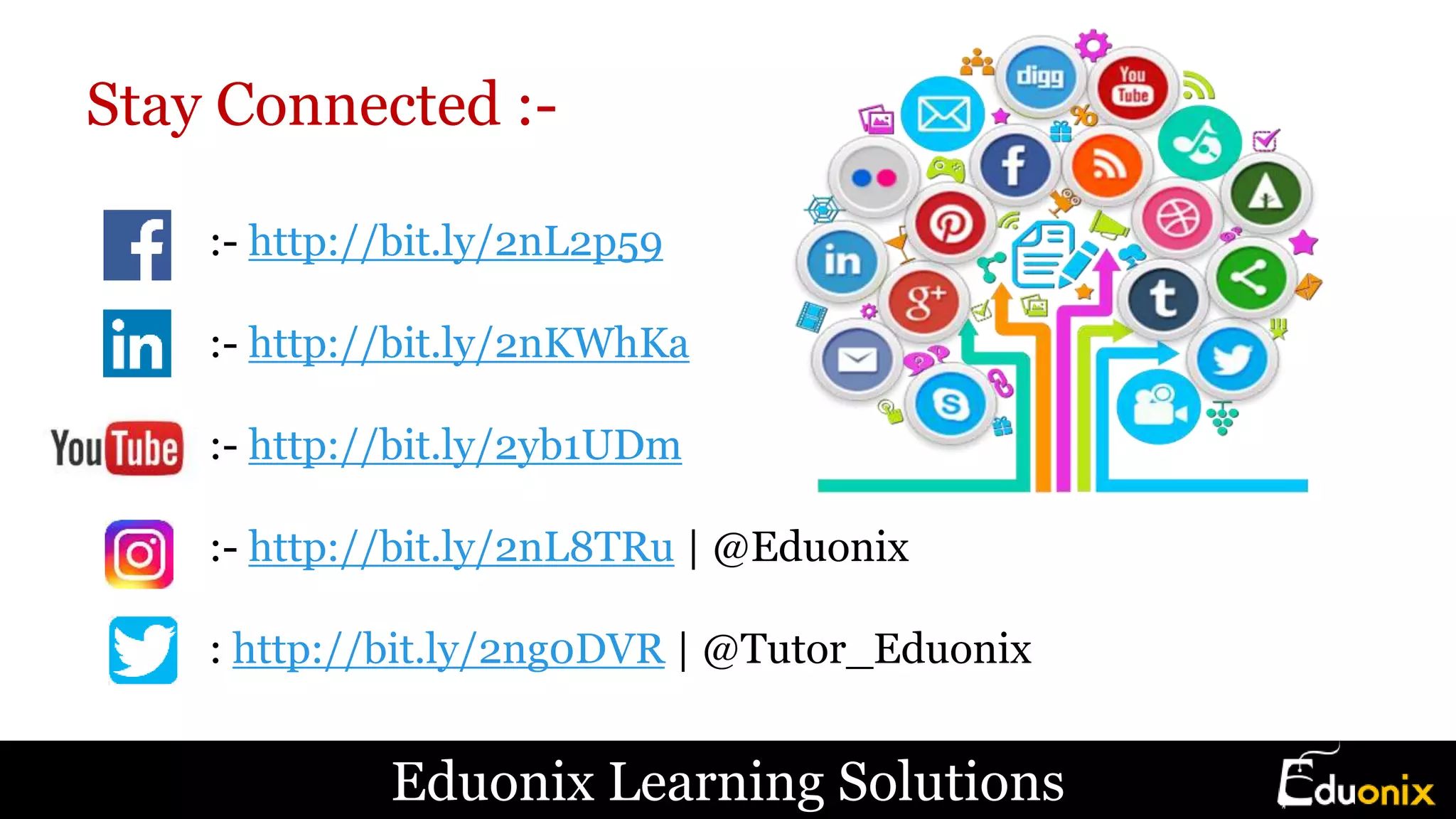 :- http://bit.ly/2nL2p59
:- http://bit.ly/2nKWhKa
:- http://bit.ly/2yb1UDm
:- http://bit.ly/2nL8TRu | @Eduonix
: http://bit.ly/2ng0DVR | @Tutor_Eduonix
Eduonix Learning Solutions
Stay Connected :-
 