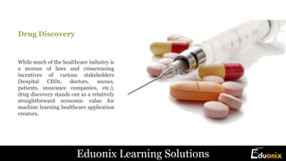 Drug Discovery
While much of the healthcare industry is
a morass of laws and crisscrossing
incentives of various stakeholders
(hospital CEOs, doctors, nurses,
patients, insurance companies, etc.),
drug discovery stands out as a relatively
straightforward economic value for
machine learning healthcare application
creators.
Eduonix Learning Solutions
 