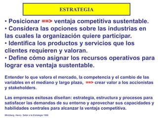ESTRATEGIA
• Posicionar ==> ventaja competitiva sustentable.
• Considera las opciones sobre las industrias en
las cuales la organización quiere participar.
• Identifica los productos y servicios que los
clientes requieren y valoran.
• Define cómo asignar los recursos operativos para
lograr esa ventaja sustentable.
Entender lo que valora el mercado, la competencia y el cambio de las
variables en el mediano y largo plazo, ==> crear valor a los accionistas
y stakeholders.
Las empresas exitosas diseñan: estrategia, estructura y procesos para
satisfacer las demandas de su entorno y aprovechar sus capacidades y
habilidades centrales para alcanzar la ventaja competitiva.
Mintzberg, Henry. Safari a la Estrategia 1999.
 