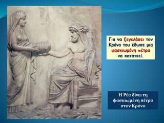 Για να ξεγελάσει τον
Κρόνο του έδωσε μια
φασκιωμένη πέτρα
να καταπιεί.
Η Ρέα δίνει τη
φασκιωμένη πέτρα
στον Κρόνο
 