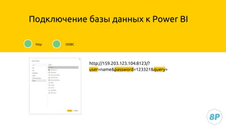 http
Подключение базы данных к Power BI
ODBC
http://159.203.123.104:8123/?
user=name&password=123321&query=
 