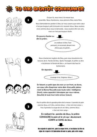 Ce jour là, nous irons à la messe tous
ensemble. Nous chanterons, nous prierons Dieu notre Père.
Nous demanderons pardon à Dieu car nous savons que notre cœur
n’est pas toujours prêt à écouter et à recevoir Jésus. Nous voulons
vivre comme Jésus nous le demande ; nous voulons être son ami,
mais ce n’est pas toujours facile.
Puis le prêtre dira la grande prière de la messe. Il prendra le pain
comme Jésus, et il dira, comme Jésus : « Ceci est mon corps ».
Puis il prendra la coupe de vin et il dira, comme Jésus :
« Ceci est mon sang »
En redisant les paroles de Jésus, le prêtre
CONSACRE le pain et le vin qui deviennent
CORPS et SANG de Jésus.
On regarde le pain levé, puis la coupe levée, et on baisse la tête en
signe de respect et d’adoration devant ce pain, puis cette coupe.
Nous chanterons la gloire de Dieu, puis nous écouterons les
lectures de la Parole de Dieu. Après l’évangile, le prêtre va dire
« Acclamons la Parole de Dieu », en levant très haut le
lectionnaire.
Je confesse à Dieu Tout
puissant, je reconnais devant mes
frères que j’ai péché...
On pourra chanter ou
dire la prière :
Louange à toi, Seigneur Jésus !
On répondra :
En faisant un petit signe de croix sur son front, ses lèvres,
son coeur afin d’exprimer notre désir d’accueillir pleine-
ment la Bonne Nouvelle avec toute notre intelligence
(front), notre capacité à témoigner par nous-mêmes
(bouche) et avec tout notre amour (coeur).
2
3
1
 