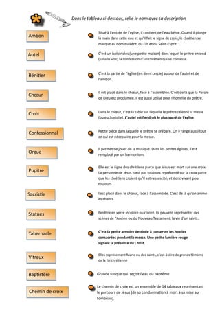 Dans le tableau ci-dessous, relie le nom avec sa description
Il est placé dans le chœur, face à l’assemblée. C’est de là que la Parole
de Dieu est proclamée. Il est aussi utilisé pour l’homélie du prêtre.
Ambon
C’est la partie de l’église (en demi cercle) autour de l’autel et de
l’ambon.
Chœur
Dans le chœur, c’est la table sur laquelle le prêtre célèbre la messe
(ou eucharistie). L’autel est l’endroit le plus sacré de l’église
Autel
Croix
C’est un isoloir clos (une petite maison) dans lequel le prêtre entend
(sans le voir) la confession d’un chrétien qui se confesse.
Confessionnal
Situé à l’entrée de l’église, il contient de l’eau bénie. Quand il plonge
la main dans cette eau et qu’il fait le signe de croix, le chrétien se
marque au nom du Père, du Fils et du Saint-Esprit.
Bénitier
Petite pièce dans laquelle le prêtre se prépare. On y range aussi tout
ce qui est nécessaire pour la messe.
Pupitre
Il est placé dans le chœur, face à l’assemblée. C’est de là qu’on anime
les chants.
C’est la petite armoire destinée à conserver les hosties
consacrées pendant la messe. Une petite lumière rouge
signale la présence du Christ.
Tabernacle
Elle est le signe des chrétiens parce que Jésus est mort sur une croix.
La personne de Jésus n’est pas toujours représenté sur la croix parce
que les chrétiens croient qu’Il est ressuscité, et donc vivant pour
toujours.
Sacristie
Statues
Elles représentent Marie ou des saints, c’est-à-dire de grands témoins
de la foi chrétienne
Vitraux
Fenêtre en verre incolore ou coloré. Ils peuvent représenter des
scènes de l’Ancien ou du Nouveau Testament, la vie d’un saint...
Il permet de jouer de la musique. Dans les petites églises, il est
remplacé par un harmonium.
Orgue
Grande vasque qui reçoit l’eau du baptêmeBaptistère
Le chemin de croix est un ensemble de 14 tableaux représentant
le parcours de Jésus (de sa condamnation à mort à sa mise au
tombeau).
Chemin de croix
 