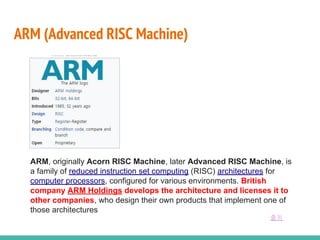 ARM (Advanced RISC Machine)
ARM, originally Acorn RISC Machine, later Advanced RISC Machine, is
a family of reduced instruction set computing (RISC) architectures for
computer processors, configured for various environments. British
company ARM Holdings develops the architecture and licenses it to
other companies, who design their own products that implement one of
those architectures
출처
 