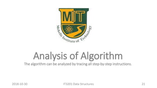 Analysis of Algorithm
The algorithm can be analyzed by tracing all step-by-step instructions.
IT3201 Data Structures 212018-10-30
 
