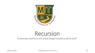 Recursion
”A recursion routine is one whose design includes a call to itself”
IT3201 Data Structures 302018-10-30
 